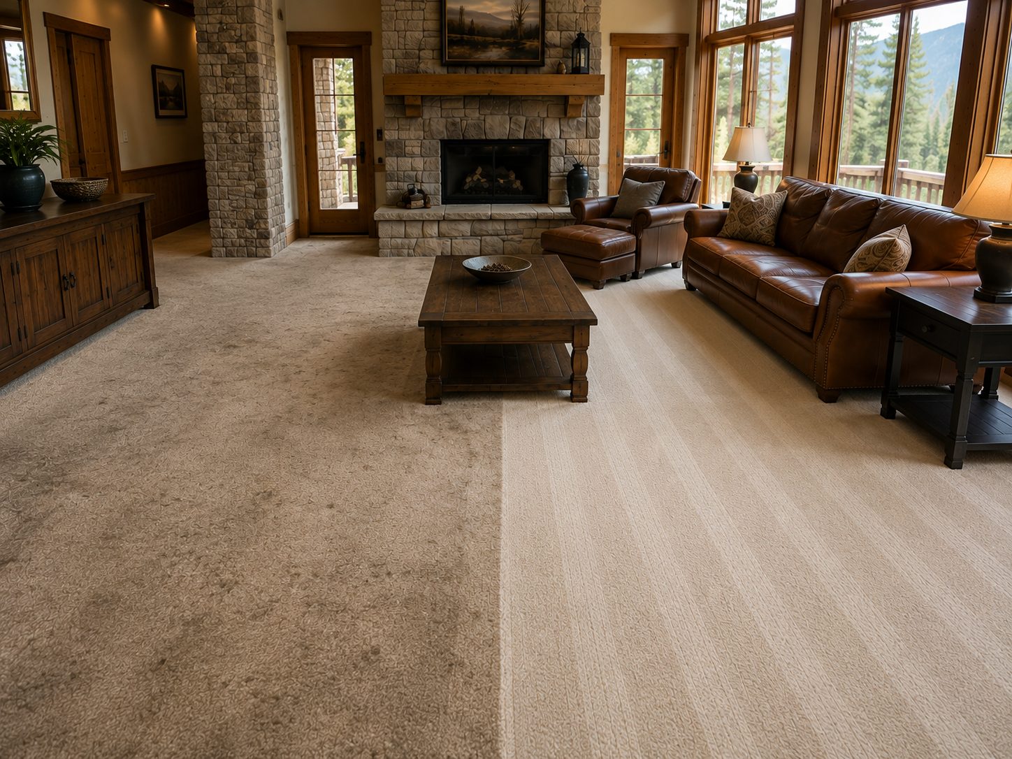 One living room mid-clean: dirty matted carpet on one side, bright freshly cleaned carpet on the other, split by a sharp line