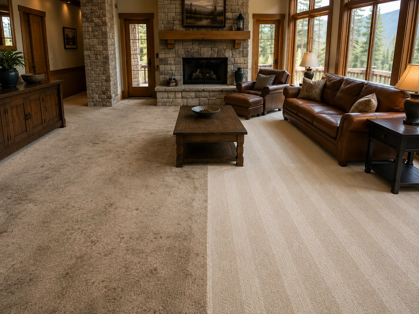 One living room mid-clean: dirty matted carpet on one side, bright freshly cleaned carpet on the other, split by a sharp line
