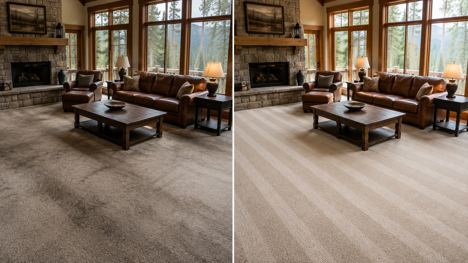 Living room carpet before cleaning, dull and soiled, next to the same carpet bright and plush after cleaning