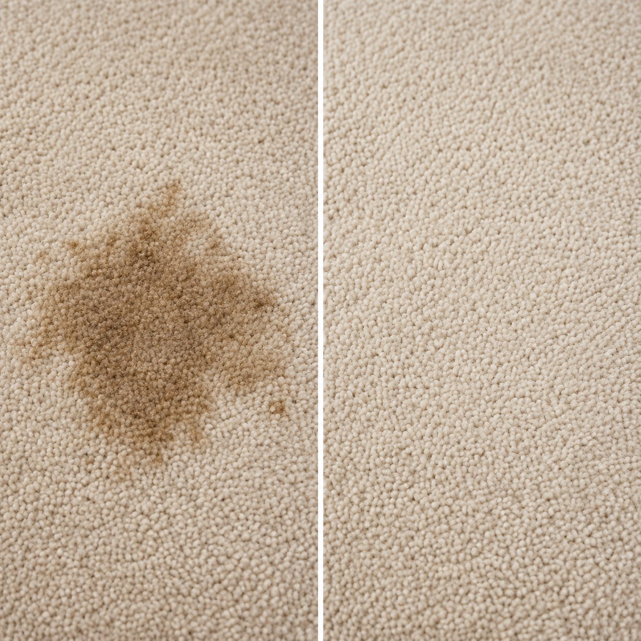 Close-up of carpet with a brown stain next to the same carpet spotless after stain removal
