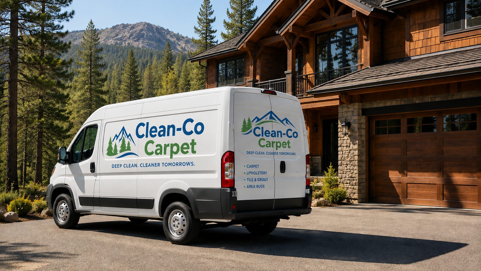 Clean-Co Carpet van parked in the driveway of a timber mountain home with pine forest behind