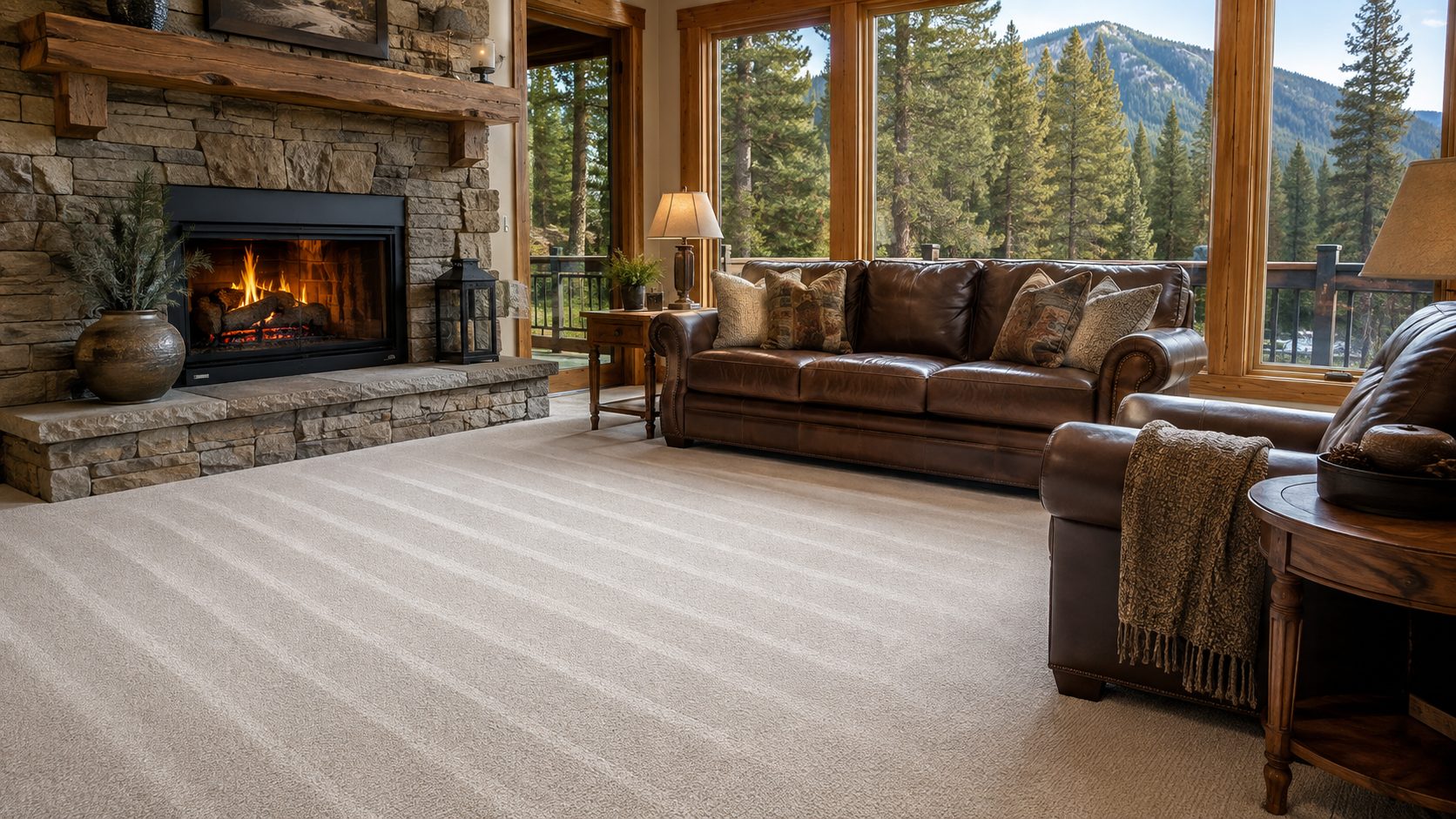Freshly cleaned carpet with wand lines in a bright mountain-home living room