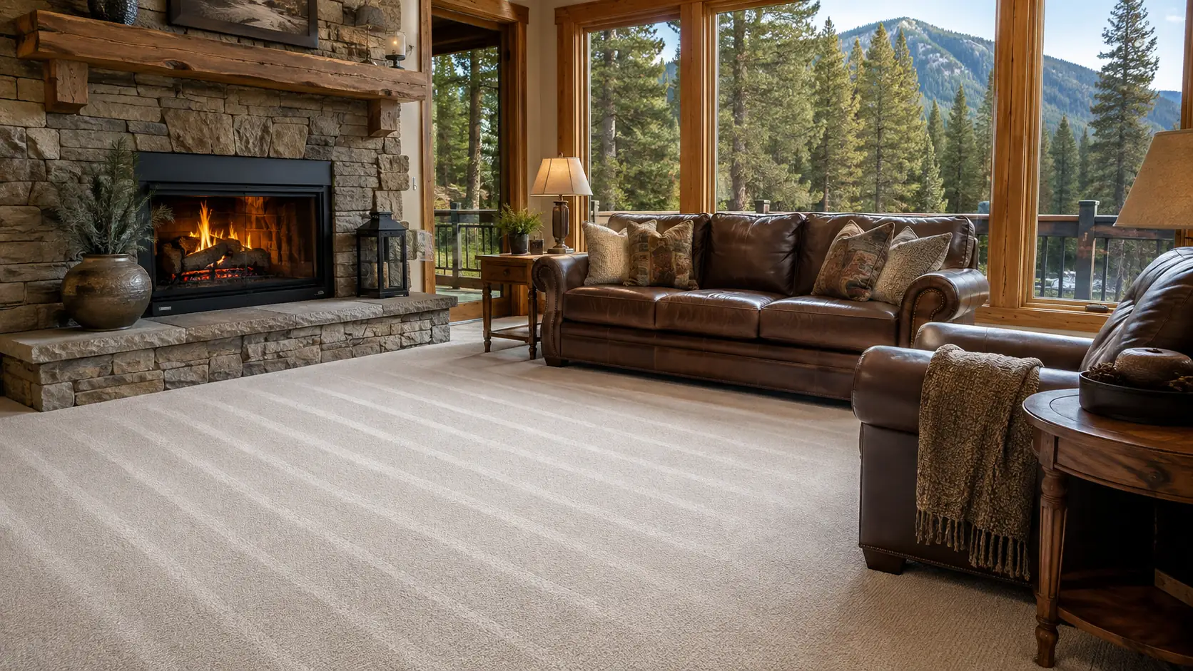 Freshly cleaned carpet with wand lines in a bright mountain-home living room