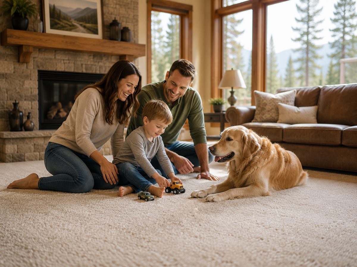 Family relaxing on pristine clean carpet in a sunlit North Shore home