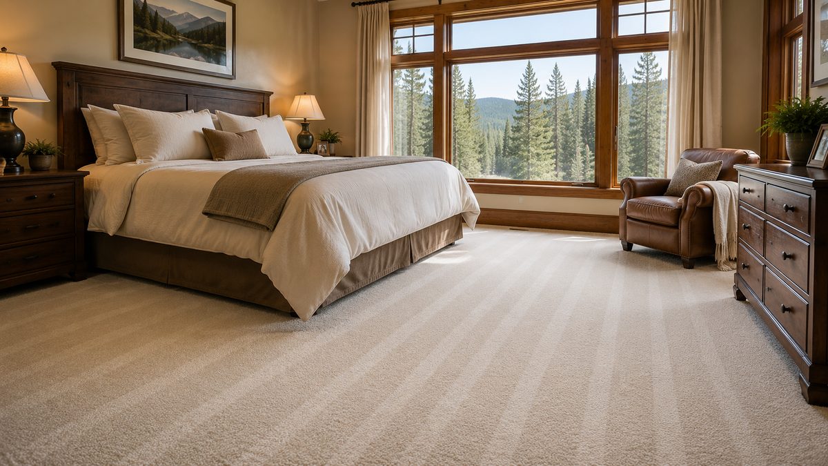 Serene freshly cleaned bedroom in a mountain home with windows open to pine forest