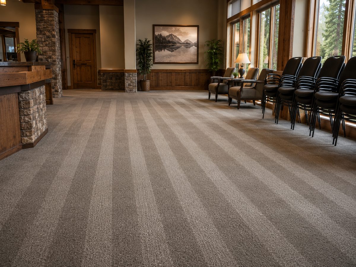 Lodge-style office lobby with freshly cleaned commercial carpet showing neat wand lines