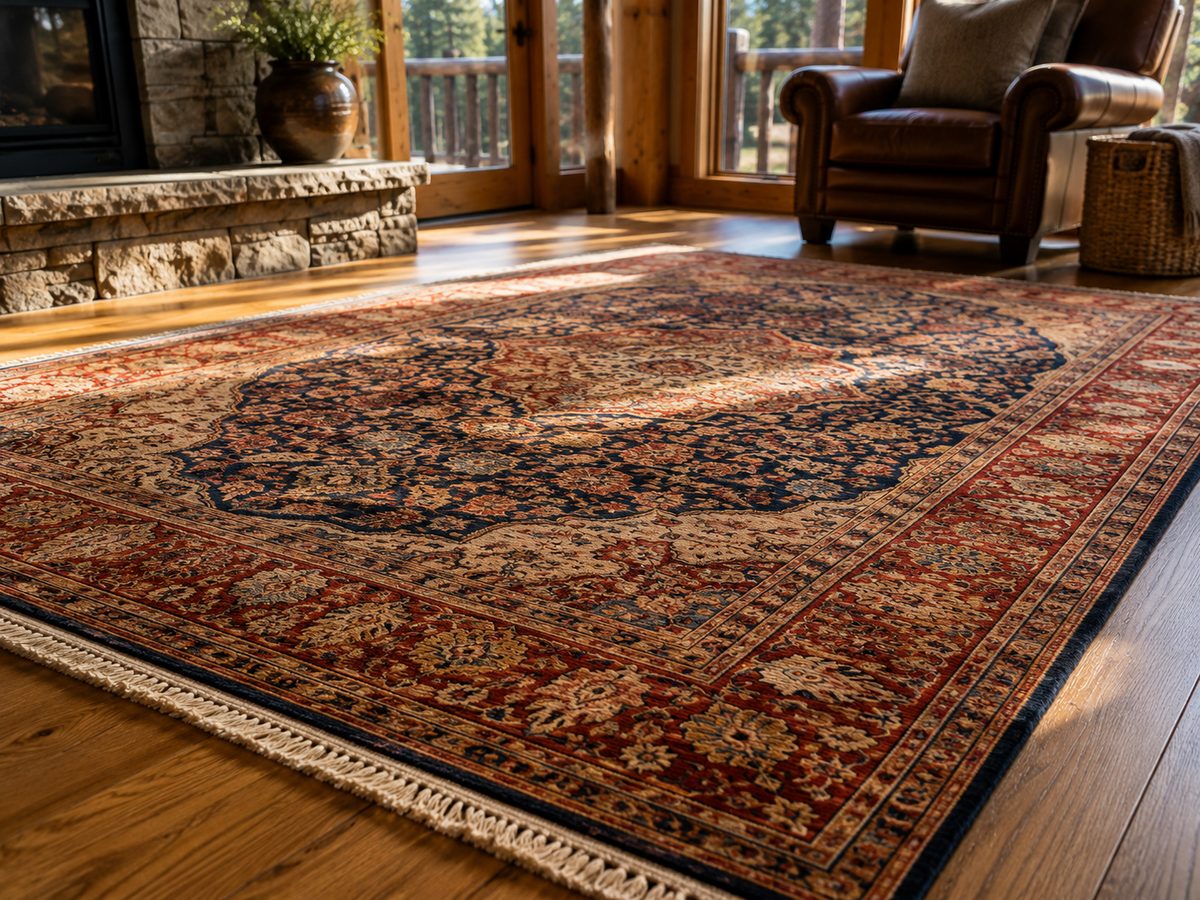 Richly patterned oriental rug with vivid colors in a wood-floored mountain home
