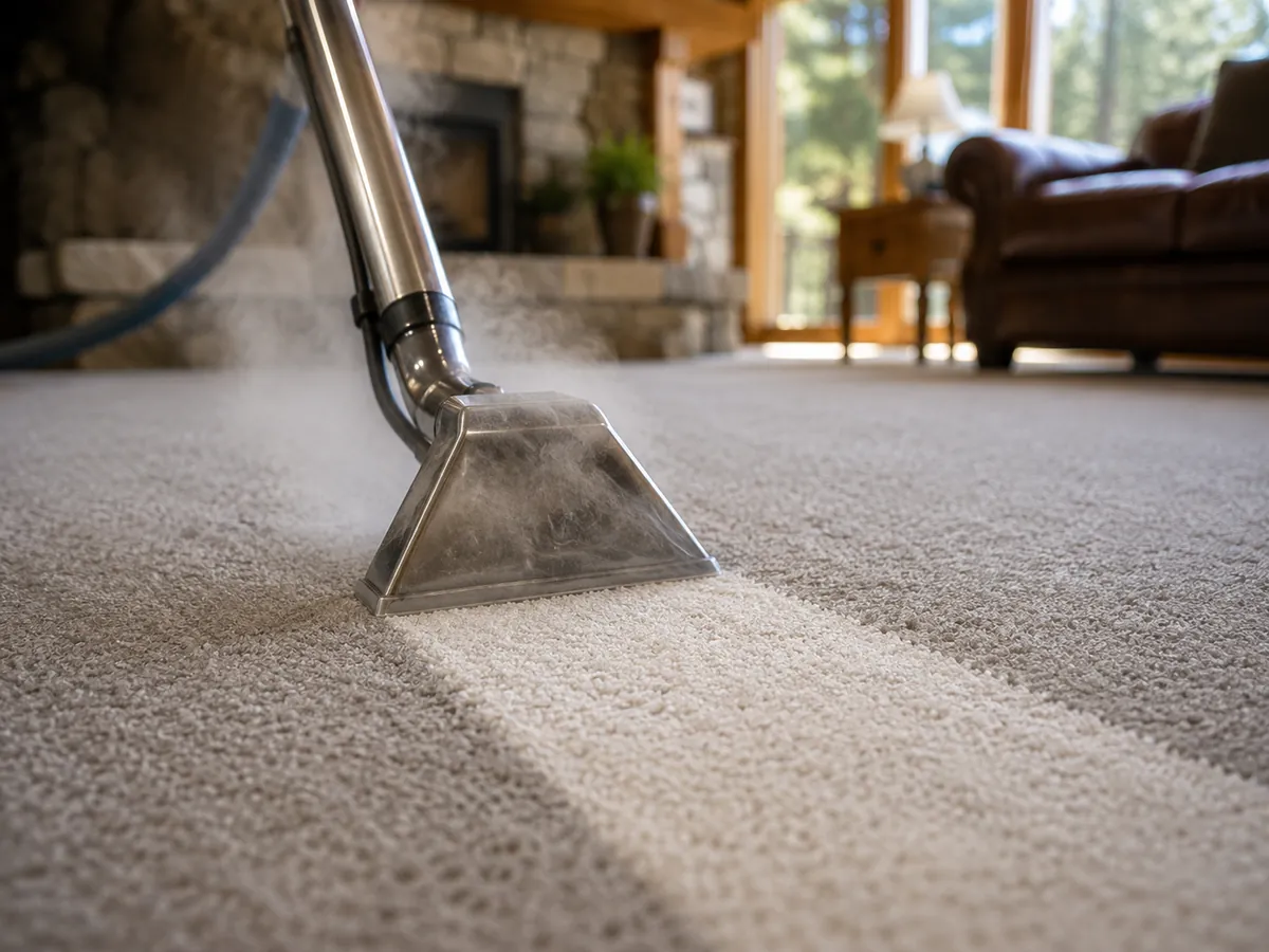 Carpet cleaning wand revealing a bright clean stripe across light gray carpet