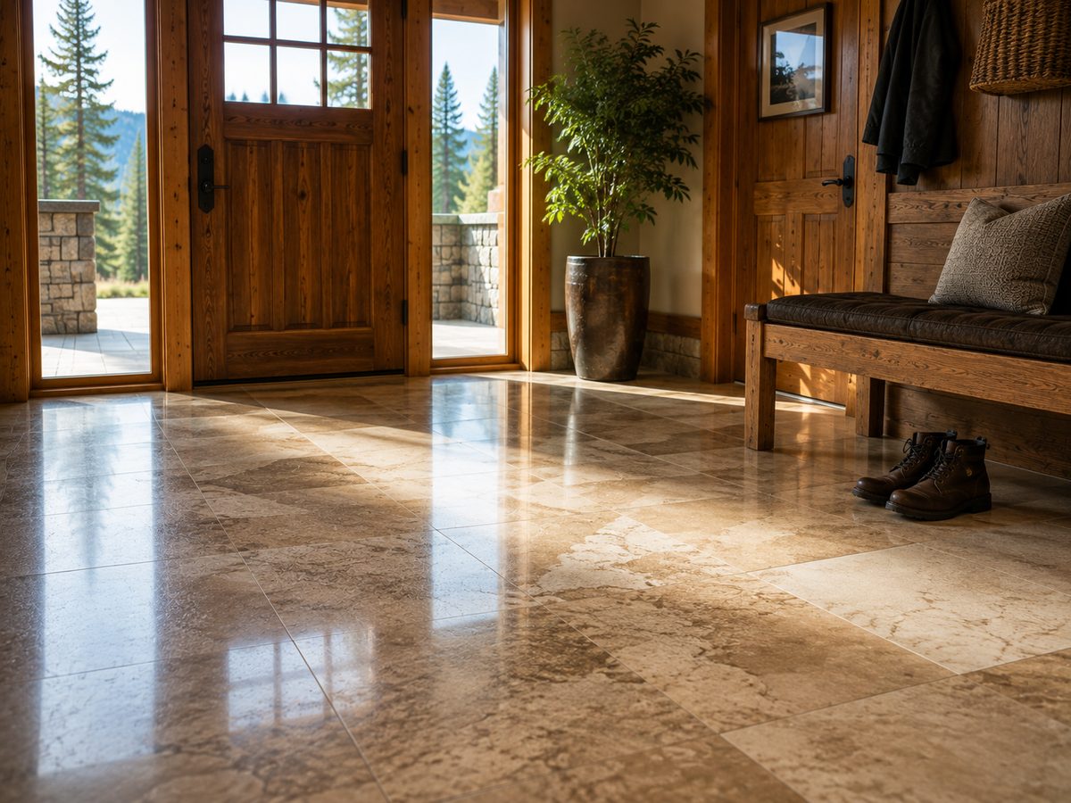 Polished natural stone entryway floor glowing after professional cleaning