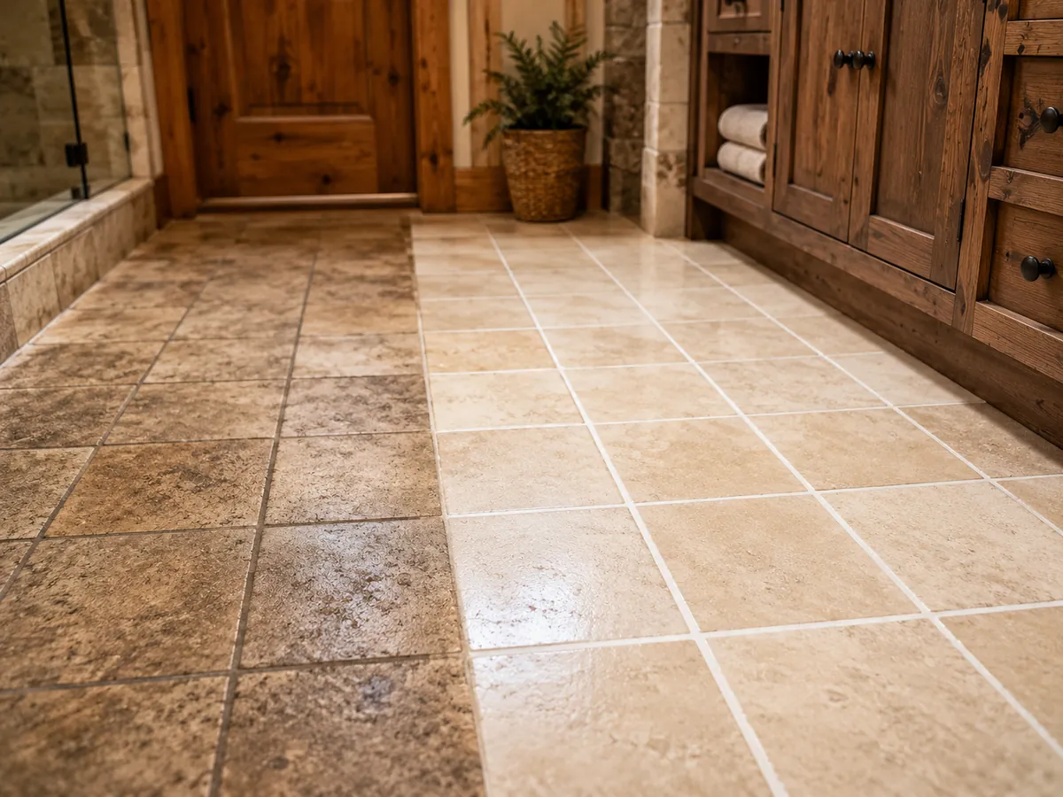 Tile floor half restored, clean bright grout lines against darker soiled grout