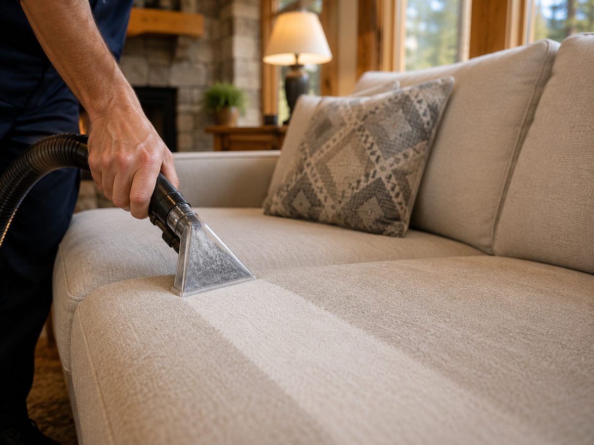 Upholstery tool refreshing the seat cushion of a light fabric sofa