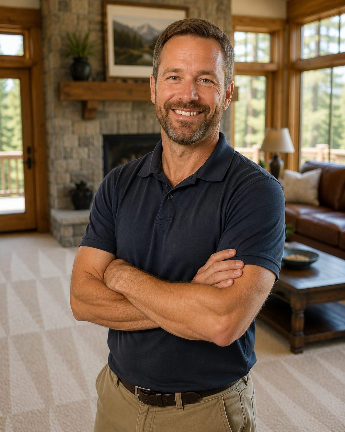 Owner of Clean-Co Carpet standing in a freshly cleaned mountain-home living room